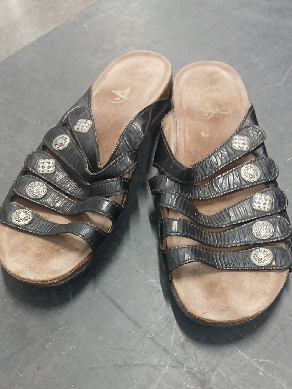 Dansko Black Leather Multi-Strap Slide Mules with Silver Buttons